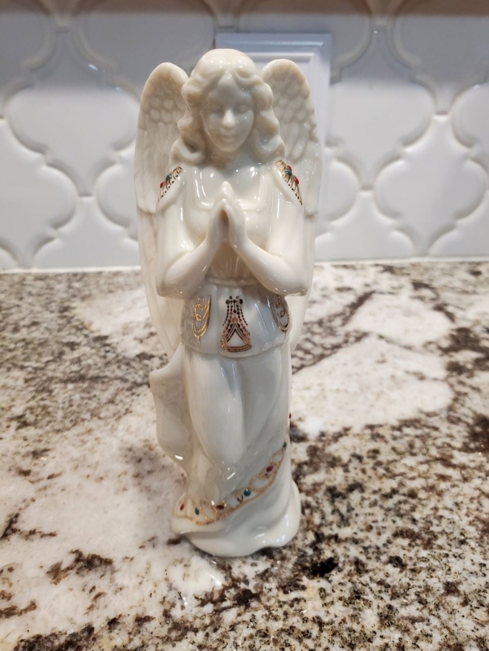 Lenox White Ceramic Praying Angel Figurine with Gold and Multicolor Accents